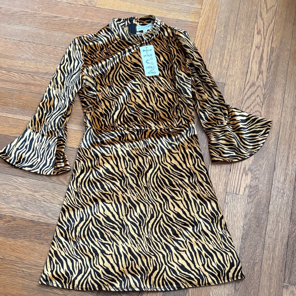 NWT Hvn Mini Ashley Zebra Print Velvet Bell Sleeve Dress, Size 0